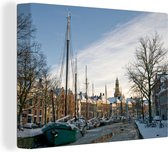 Canvas Schilderij Groningen - Grachtenpand - Winter - 120x90 cm - Wanddecoratie
