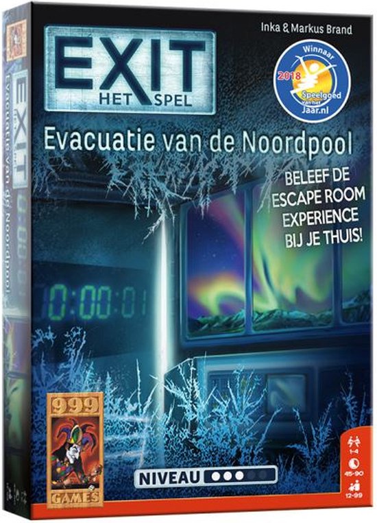 Doos 'EXIT - Evacuatie van de Noordpool' met 'Winnaar Speelgoed van het Jaar 2018' sticker. Donkerblauw met noorderlicht boven besneeuwde ruimte.