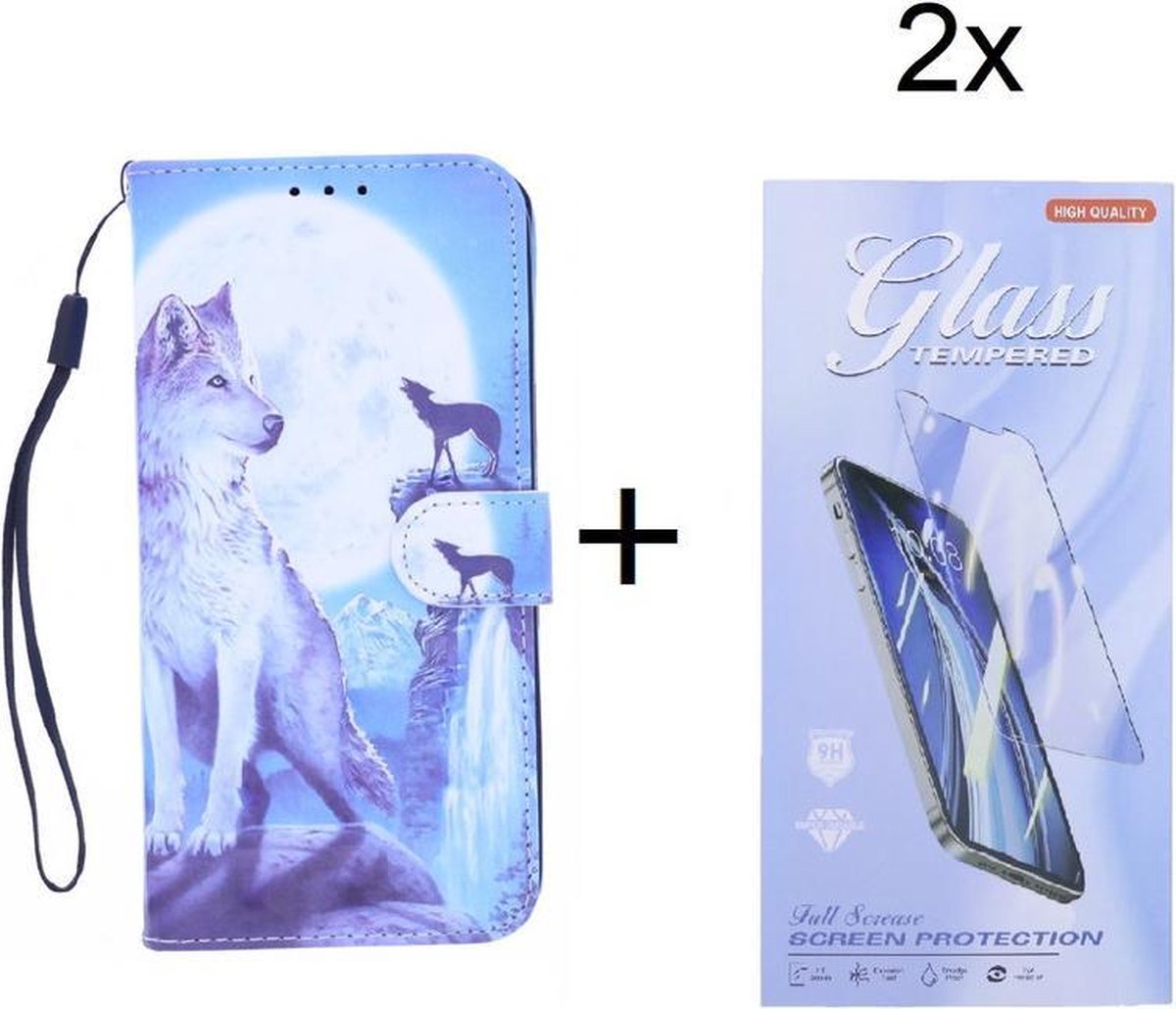 Bookcase Hoesje Geschikt voor: Motorola Moto G50 5G hoesje met print - Wolf met 2 stuks Glas Screen protector