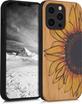 kwmobile telefoonhoesje geschikt voorApple iPhone 13 Pro - Hoesje met bumper - kersenhout - In geel / donkerbruin / lichtbruin Wood Sunflower design