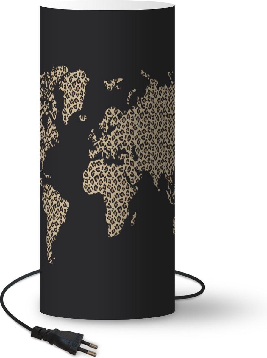 Lamp - Nachtlampje - Tafellamp slaapkamer - Wereldkaart - Panterprint - Zwart - 33 cm hoog - Ø14.3 cm - Inclusief LED lamp