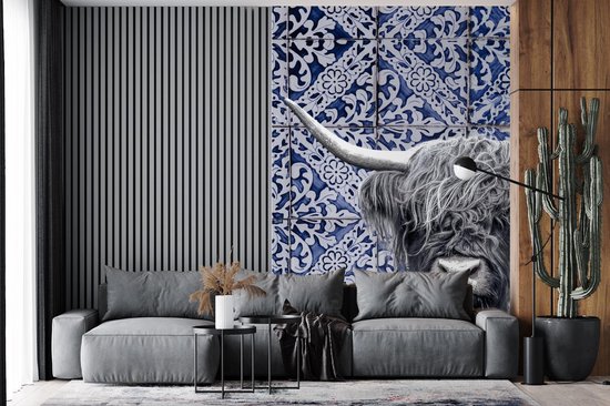 Papier peint - Papier peint photo Bleu de Delft - Highlander écossais - Zwart - Wit - Largeur 180 cm x hauteur 280 cm