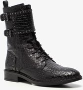 TwoDay leren dames croco veterboots - Zwart - Maat 39 - Echt leer