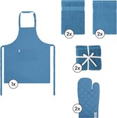 EM Kitchen Keukentextiel Set – Blauw - 9-delig – 2 Theedoeken + 2 Keukendoeken + 2 Vaatdoeken + 2 Ovenwanten + 1 Keukenschort