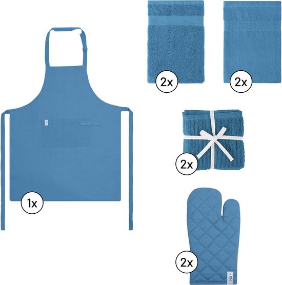 EM Kitchen Keukentextiel Blauw Set van 2 Theedoeken + 2 Keukendoeken + 2 Vaatdoeken...
