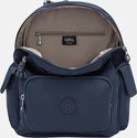 Open donkerblauwe Kipling rugzak met een binnenritsvak en Kipling logo.