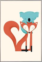 JUNIQE - Poster met kunststof lijst Fox and Koala -20x30 /Blauw &