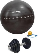 Tunturi - Fitness Set - Halterset 15 kg incl 1 Dumbbellstang  - Gymball Zwart met Anti Burst 75 cm
