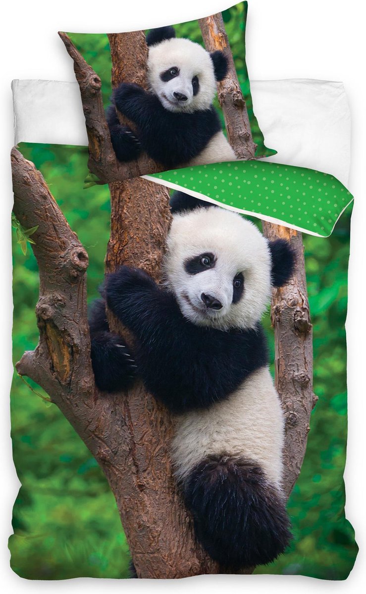 DREAMEE Dekbedovertrek Panda - Eenpersoons - 140x200 cm - Groen - DreamE3