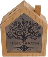 spaarpot House, Tree & Coins 18 cm hout bruin