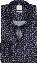 OLYMP Luxor comfort fit overhemd - blauw met bordeaux bladeren dessin - Strijkvrij - Boordmaat: 42