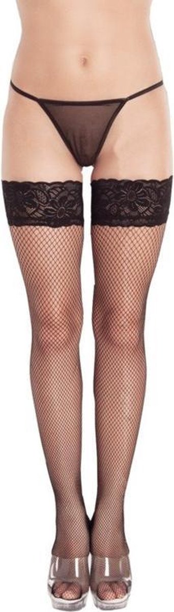 Softline Collection - Visnet hold-up kousen met kanten rand - zwart- maat: M - 3xl | M