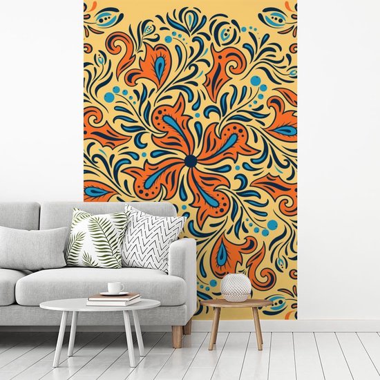 Motif carré et abstrait avec une fleur entourée de feuilles bleues sur fond jaune 225x350 cm
