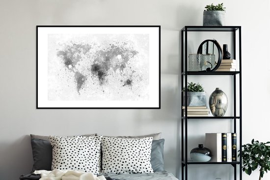 Cadre photo avec affiche Zwart Wit- Encre de carte du Wereldkaart - noir et blanc - 120x80 cm - Cadre pour affiche