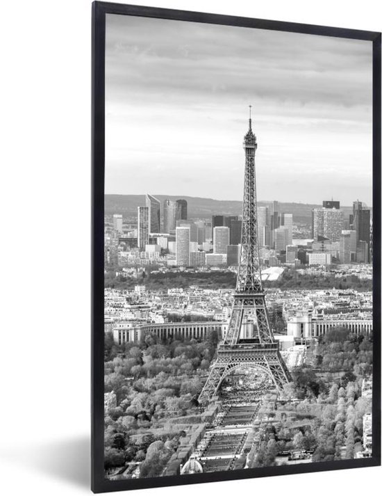 Fotolijst incl. Poster Zwart Wit- Luchtfoto van de Eiffeltoren in Parijs - zwart wit - 20x30 cm - Posterlijst