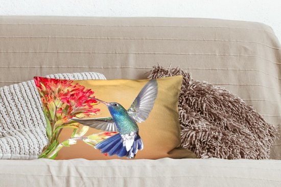 Coussins Coussins décoratifs - Coussin - Colibri aux couleurs vives à côté d'une belle fleur rouge - 50x30 cm - Coussin en coton