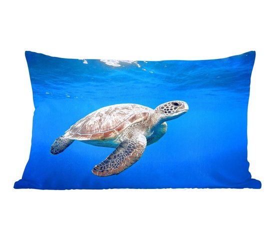 Sierkussen Schildpad voor binnen - Schildpad in de oceaan - 50x30 cm - rechthoekig binnenkussen van katoen