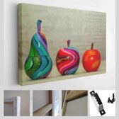 Houten kleurrijke peren en appels. Decoratief fruit met de hand beschilderd. Handgemaakt - Modern Art Canvas - Horizontaal - 336050693