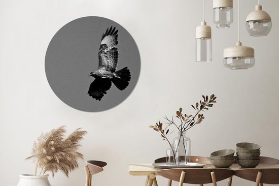 WallCircle - Wandcirkel - Muurcirkel - Buizerd beeldt zich af tegen de heldere hemel - zwart wit - Aluminium - Dibond - ⌀ 90 cm - Binnen en Buiten
