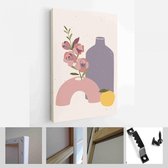 Set van abstracte vrouwelijke vormen en silhouetten op gestructureerde achtergrond. Abstract vrouwengezicht, vazen, fruit in pastelkleuren - Modern Art Canvas - Verticaal - 1855176037