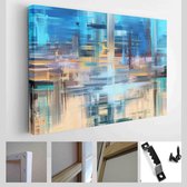 Hand getekende aqua kleuren abstract schilderij. Blauw, turkoois en zand achtergrond gemaakt met ruwe penseelstreken. Olieverf op canvas kunstwerk - Modern Art Canvas - Horizontaal - 14931461