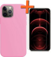 iPhone 13 Pro Hoesje Siliconen Case Met Screenprotector Met Dichte Notch - iPhone 13 Pro Hoes Siliconen Cover Met Beschermglas - Lichtroze
