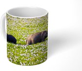 Mok - Moeder en baby olifant in een bloemenveld - 350 ML - Beker - Sinterklaas Cadeau - Kerst Cadeautjes - Schoencadeautjes - Uitdeelcadeautjes