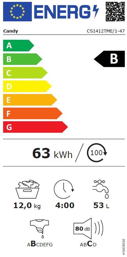 Candy Smart Inverter CS1412TME/1-47 machine à laver Charge avant 12 kg 1400  tr/min B Blanc | bol