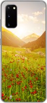 Geschikt voor Samsung Galaxy S20 hoesje - Bloemen - Berg - Zon - Siliconen Telefoonhoesje