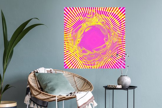 Sticker Muursticker Art psychédélique - Art psychédélique aux rayons roses et jaunes - 80x80 cm - film adhésif autocollant - sticker mural repositionnable