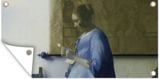 Tuinposter Brieflezende vrouw in het blauw - Johannes Vermeer - 60x30 cm - Tuindoek - Buitenposter