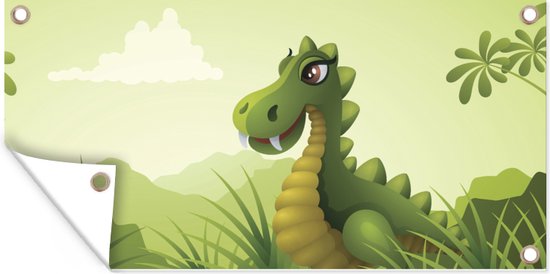 Tuinposter Dino - Bos - Tekening - 80x40 cm - Wanddecoratie Buiten - Tuinposter - Tuindoek - Schuttingposter - Tuinschilderij