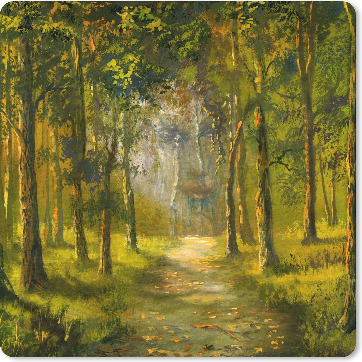 Muismat 30x30 cm - Mousepad Een illustratie van een pad door het bos - Muismatten