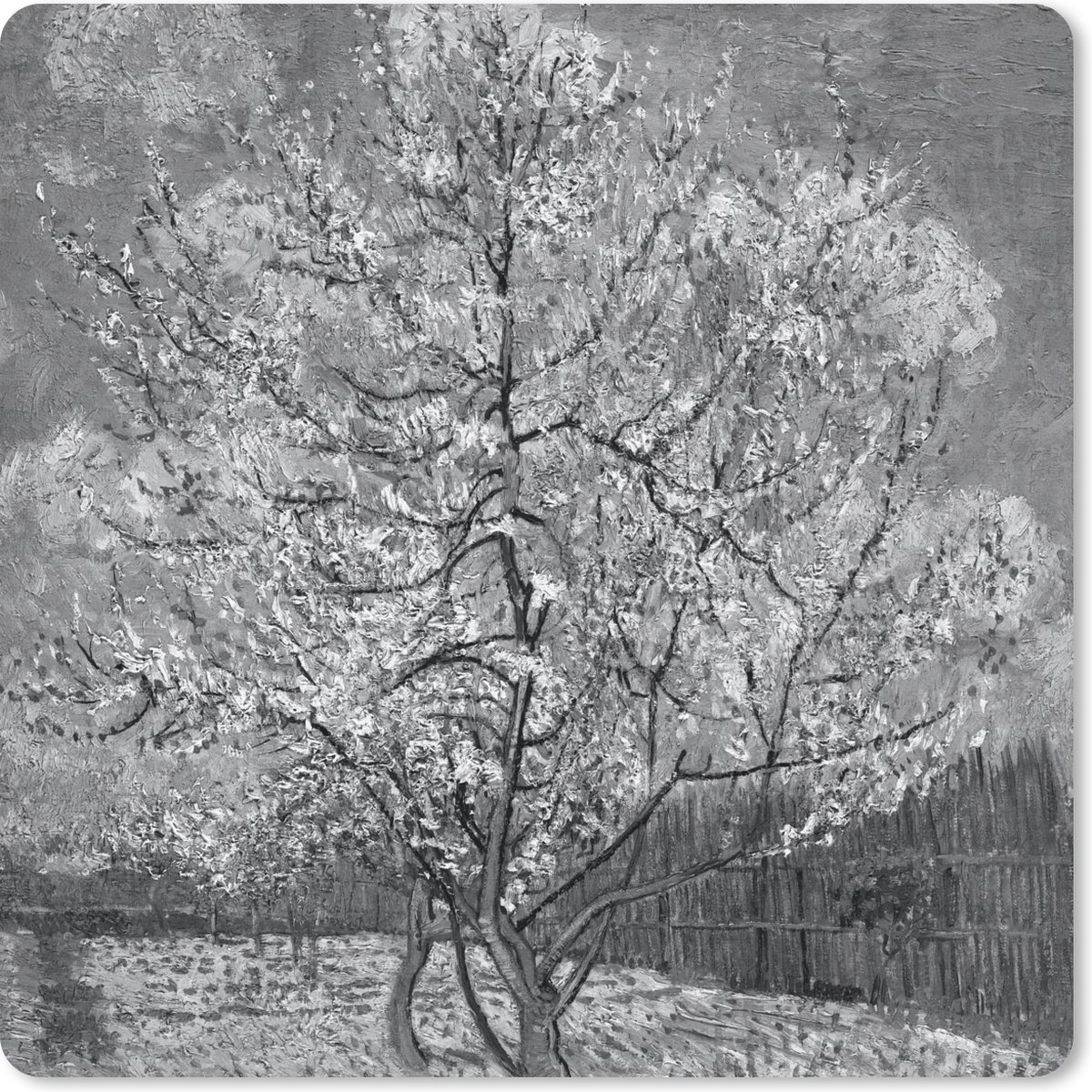 Muismat 20x20 cm - Mousepad Bloeiende perzikboom - Vincent van Gogh - Zwart - Wit - Muismatten