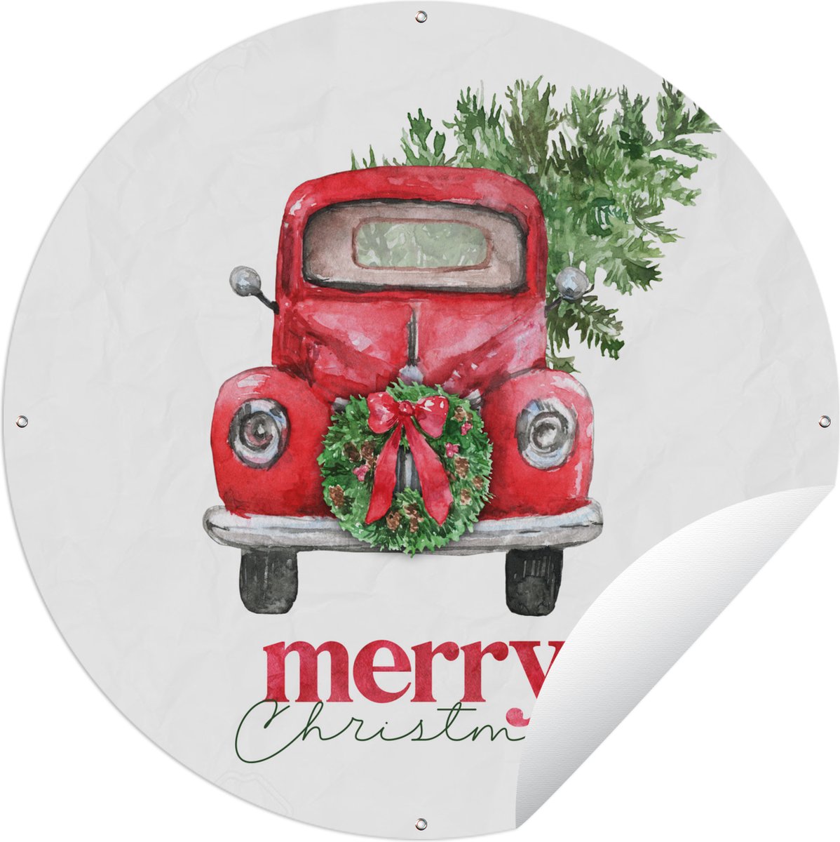 Tuincirkel Kerst - Auto - Merry Christmas - Spreuken - Quotes - 120x120 cm - Ronde Tuinposter - Buiten XXL / Groot formaat!