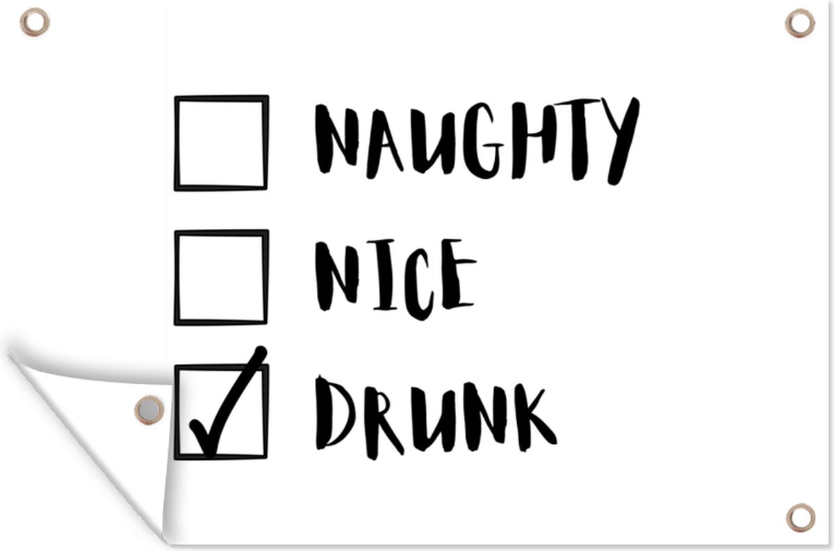 Moderne kerst muurdecoratie met ondeugende en leuke quotes, Kerstman design op 180x120 cm tuinposter.