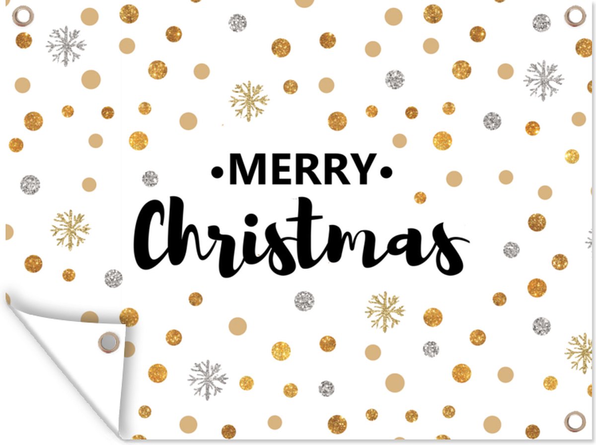 Tuinschilderij Kerst - Spreuken -Merry Christmas - Quotes - Goud - 80x60 cm - Tuinposter - Tuindoek - Buitenposter