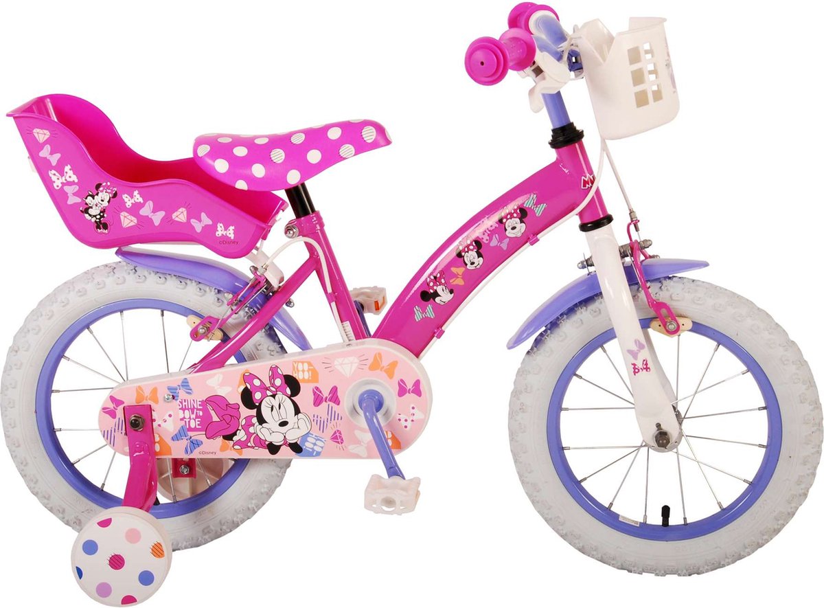 Volare Disney Minnie Cutest Ever! Kinderfiets Meisjes 12 inch Roze Twee handremmen Met mandje voor en poppenzitje achter
