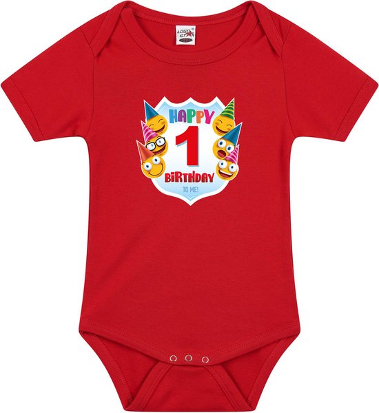 Foto: Happy birthday 1e verjaardag romper unisex jongens meisjes 1 jaar met emoticons rood voor babys 80