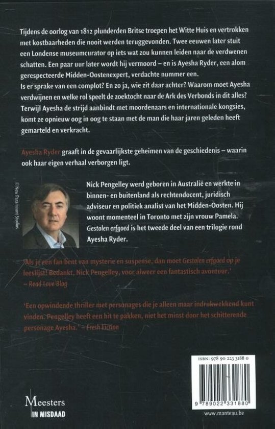 Achterkant boek met informatie over het verhaal, de auteur Nick Pengelley, en recensies. Bevat ISBN en website.