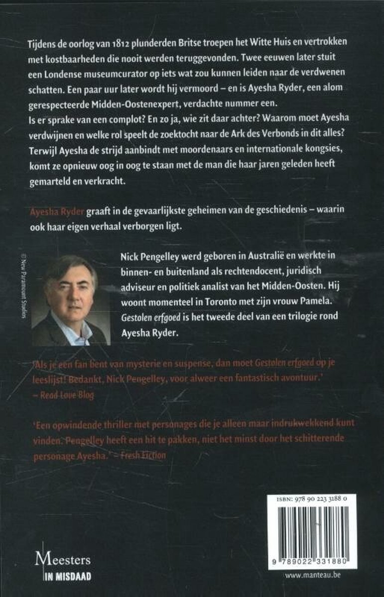 Achterkant boek met informatie over het verhaal, de auteur Nick Pengelley, en recensies. Bevat ISBN en website.