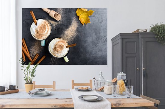 Une photo aérienne d'un café automnal servi avec un poster cannelle 180x120 cm - Tirage photo sur Poster (décoration murale salon / chambre) XXL / Groot format!