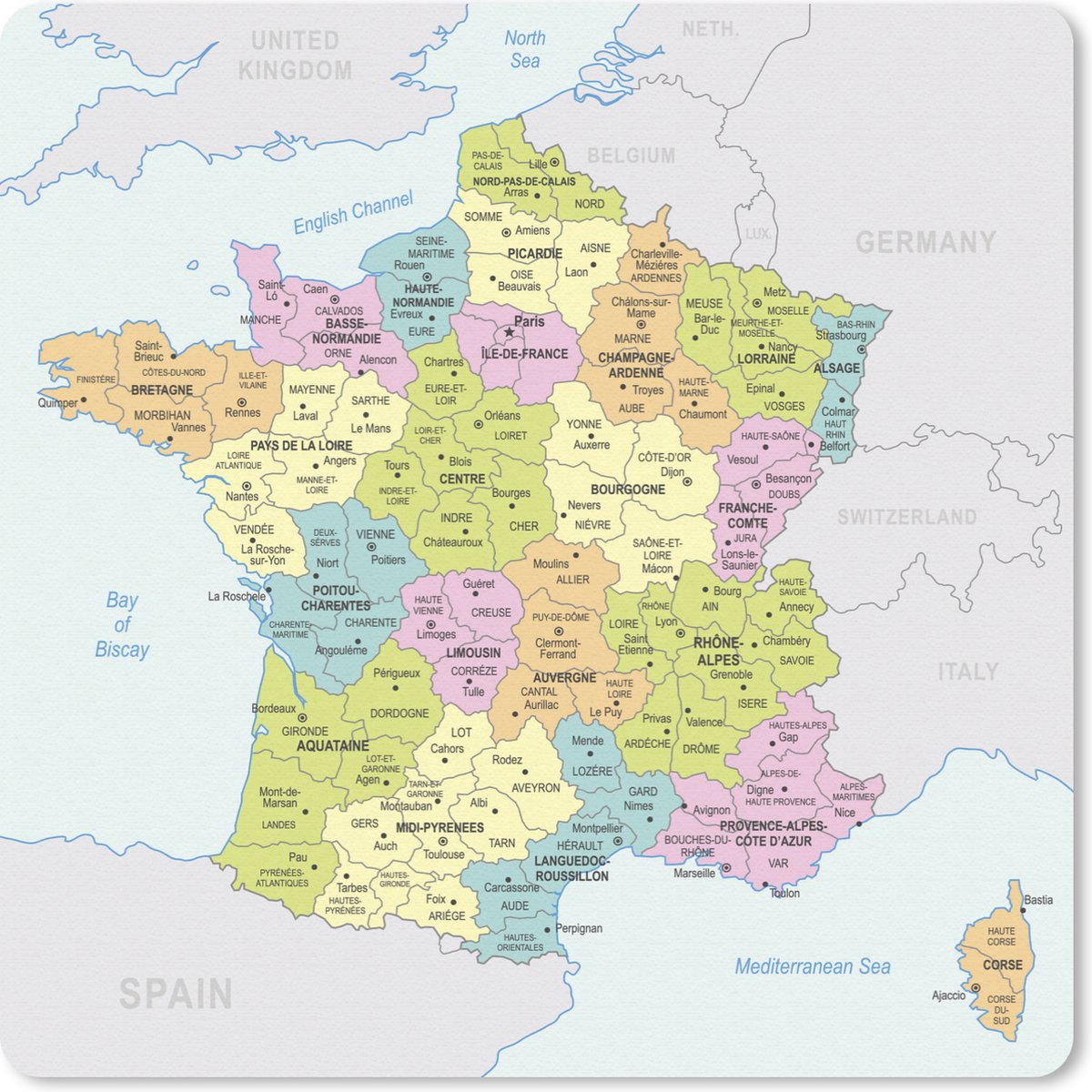 Muismat 30x30 cm - Mousepad Kleurrijke kaart van Frankrijk - Muismatten