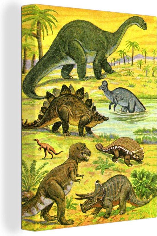 Canvas Schilderij Dinosaurus - Potlood - Tekening - Kinderen - Jongens - Baby - Kids - 60x80 cm - Wanddecoratie