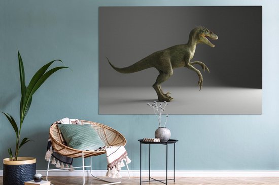 Canvas schilderij 150x100 cm - Wanddecoratie Velociraptor - Dinosaurus - Grijs - Muurdecoratie woonkamer - Slaapkamer decoratie - Kamer accessoires - Schilderijen op canvas