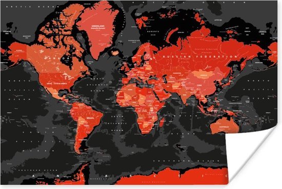 Wereldkaart rood zwart poster | Wereldkaart Poster