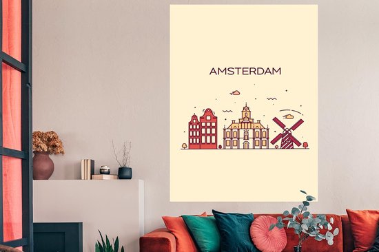 Illustration skyline ' Amsterdam' sur fond marron clair 120x180 cm XXL / Groot format!