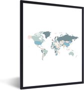 Fotolijst incl. Poster - Wereldkaart - Blauw - Roze - 30x40 cm - Posterlijst