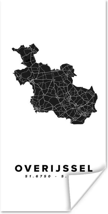 Affiche Overijssel - Carte routière - Zwart - Wit - 60x120 cm