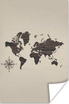Poster Wereldkaart - Hout - Kompas - 120x180 cm XXL